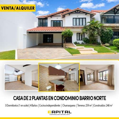 Casa en alquiler o venta en condominio barrio norte592608394