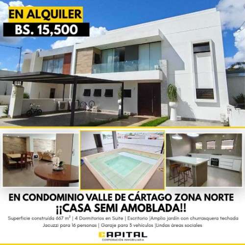 Amplia casa en alquiler amoblada en condominio zona norte433979614