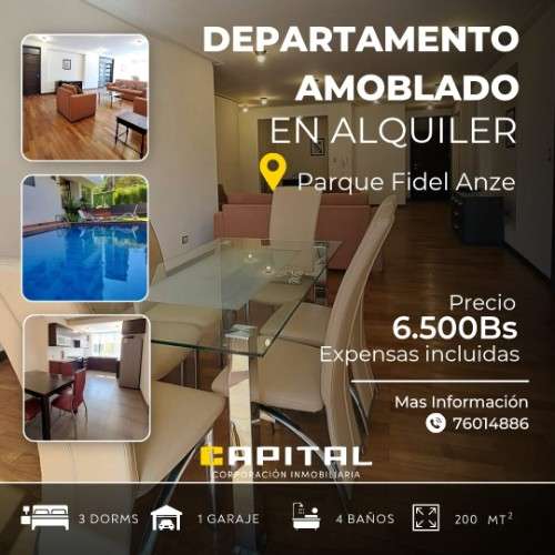 Elegante y amplio departamento amoblado en alquile, parque fidel anze, cochabamba976992591