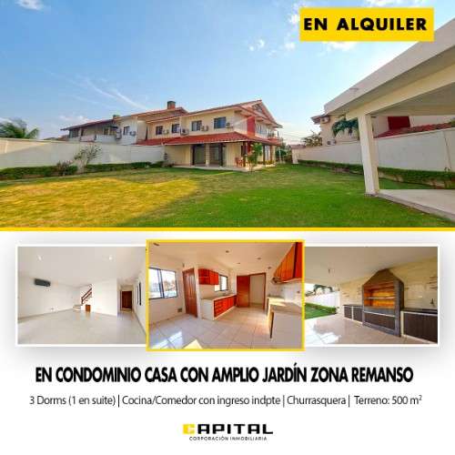 Amplia casa en alquiler en condominio zona el remanso365185215
